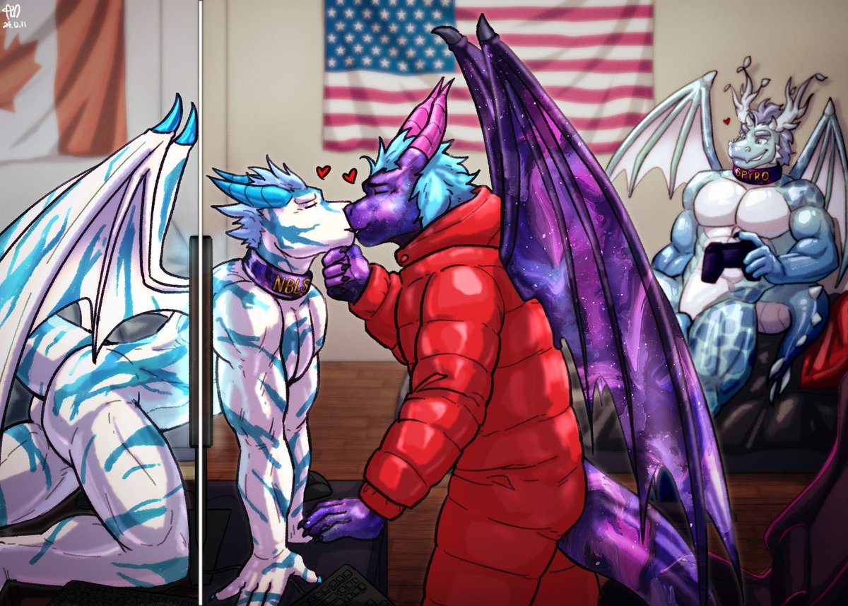 LatexGimpDragon's tweet photo. Nebulus was a little suprised to see @SpyroTheSlave climb through his PC. But nevertheless wouldn't mind giving his shiny latex Canadian dragon a kiss~

🎨:@cherrybunGM https://t.co/eX9CKhTzxJ