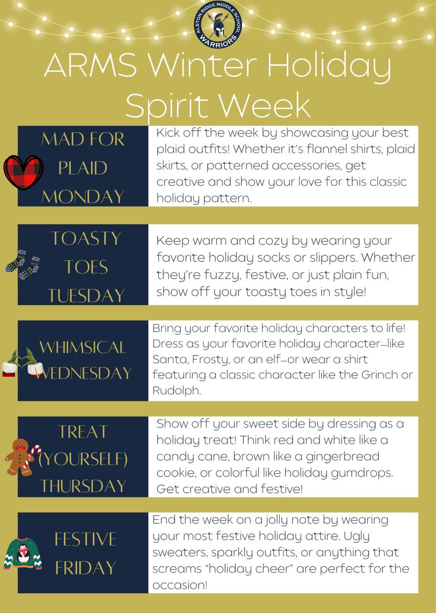 AlstonRidgeMS's tweet photo. Our ARMS Winter Holiday Spirit Week is almost here! Our spirit week kicks off on Monday, December 16th!

🎊Happy Holidays🎊 https://t.co/8uUSYexHZp