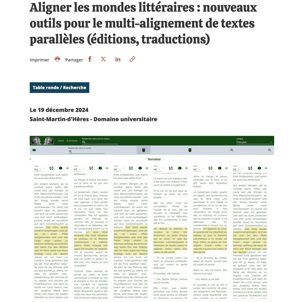 📖 Cette matinée sera dédiée à la présentation des premiers résultats de recherche de deux projets internationaux portant sur la constitution et la visualisation de corpus multilingues parallèles
🔜19 décembre 2024 - 10h30-12h30
🔗 Info+ : bit.ly/4fkUfqw