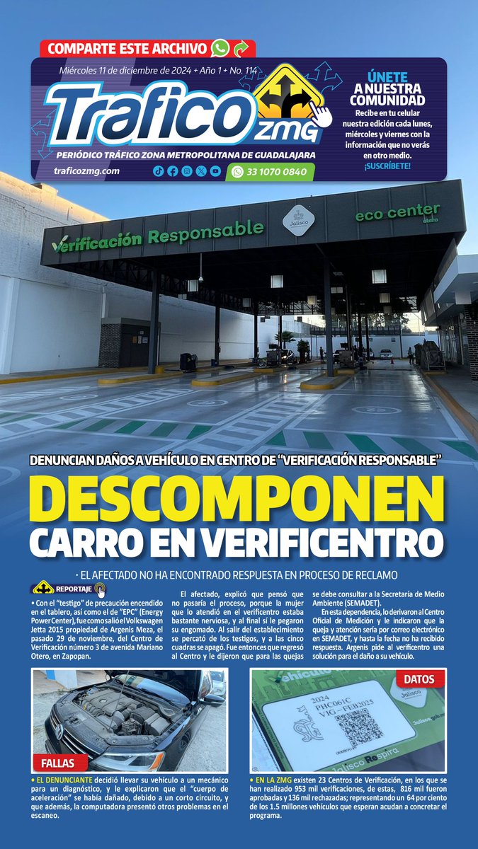 ⚠️ Denuncian daños a vehículo en centro de @VResponsableJal  
🔔Una menor fue abandonada a su suerte por un ladrón en la colonia Guadalupana en Tonalá 
✅ Infórmate en pocos minutos con la síntesis informativa de Tráfico ZMG, ¡es gratis!  Comparte y descarga 🗞️ 👇🏼