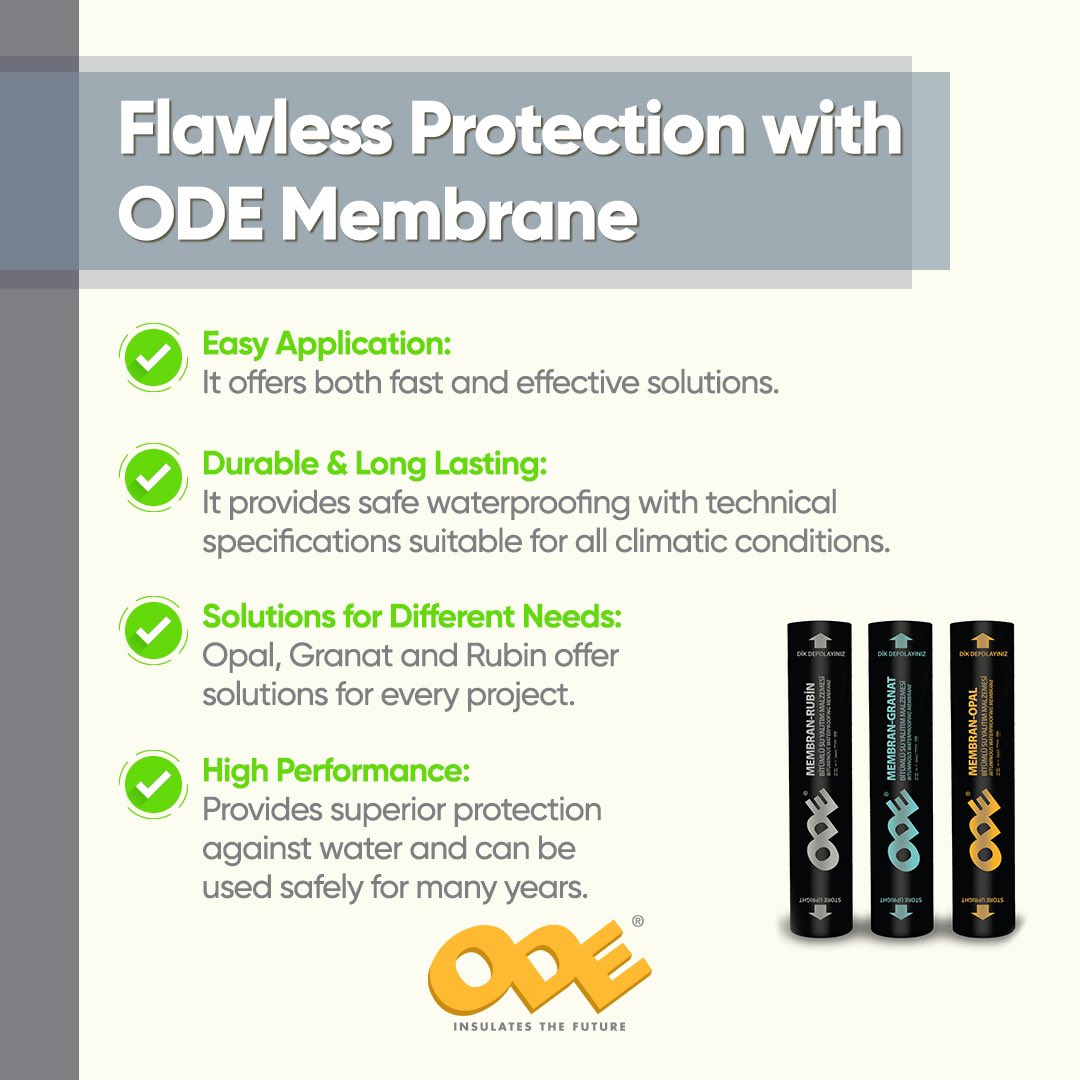odeinsulation's tweet image. Thanks to ODE Membrane, an easy-to-apply bituminous waterproofing membrane, craftsmen can complete their work quickly and save on time.​

Apply them and feel the difference! 

#ODEInsulation #TechnicalInsulation #BuildingInsulation #Insulation  #InsulationSolutions #ODEMembrane