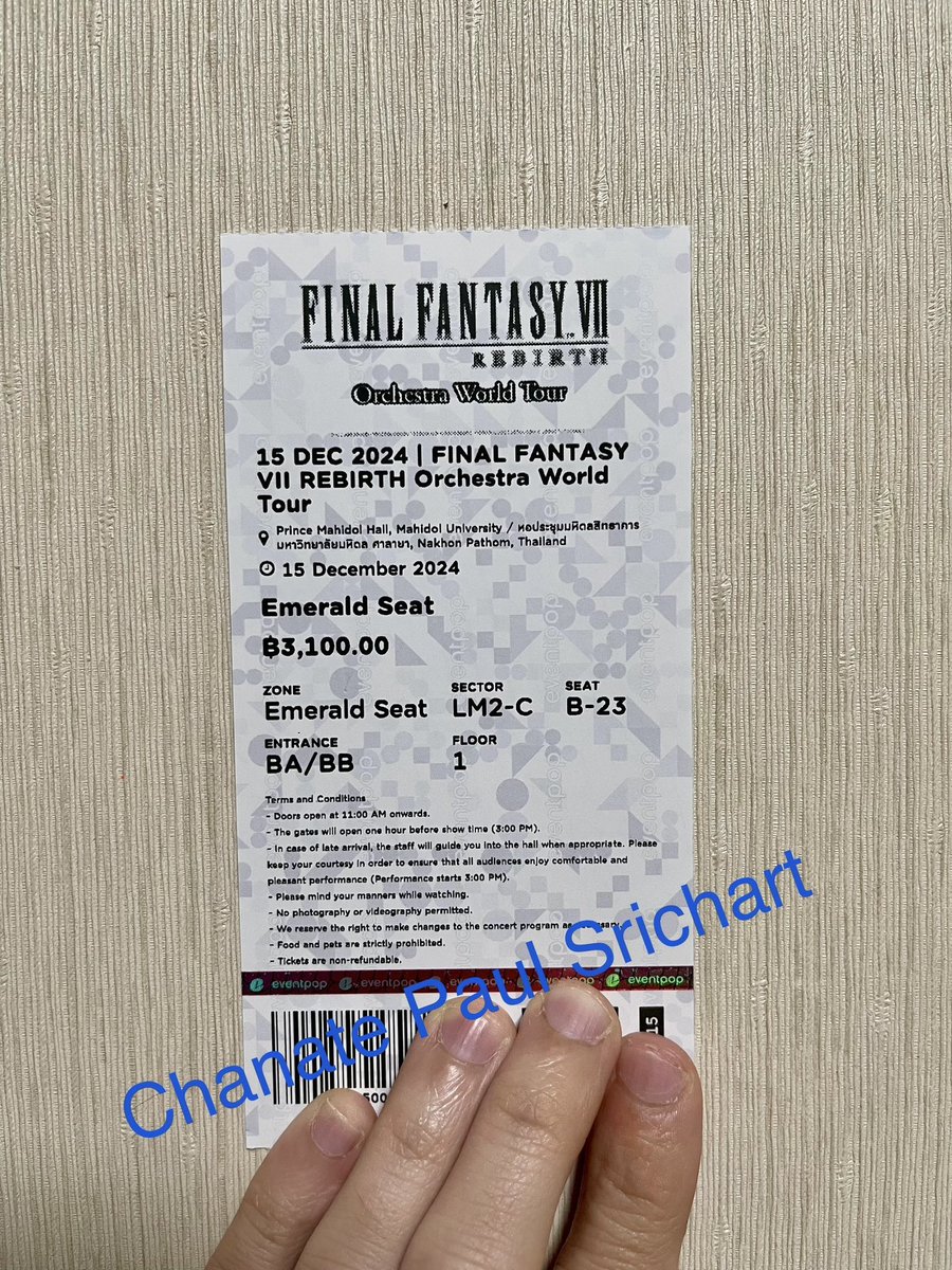 Pz_P's tweet photo. ขายบัตร Orchestra World Final Fantasy 7 Rebirth World Tour
Zone Emerald Seat ตรงกลางแถวล่างวิวดีมาก
**ให้ 2,000 บาท**
เนื่องจากติดธุระวันอาทิตย์ครับ🥲
 #FINALFANTASY #FFVII #FiveFourLive #Eventpop #Event #Bangkok #Thailand https://t.co/AndKMfMUQm