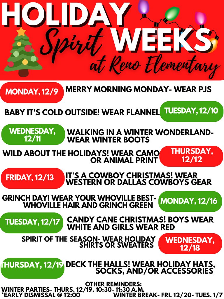 Join us in counting down until Winter Break and for our Holiday Spirit Week Dress Up Days!!!!