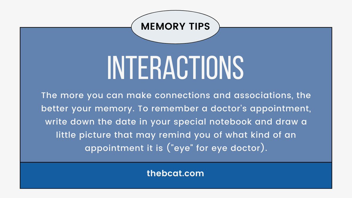 Want to boost your memory? One simple trick is to make connections and associations to help you remember important details!

For more memory boosting tips, check out our full list: thebcat.com/helpful-tips-t…