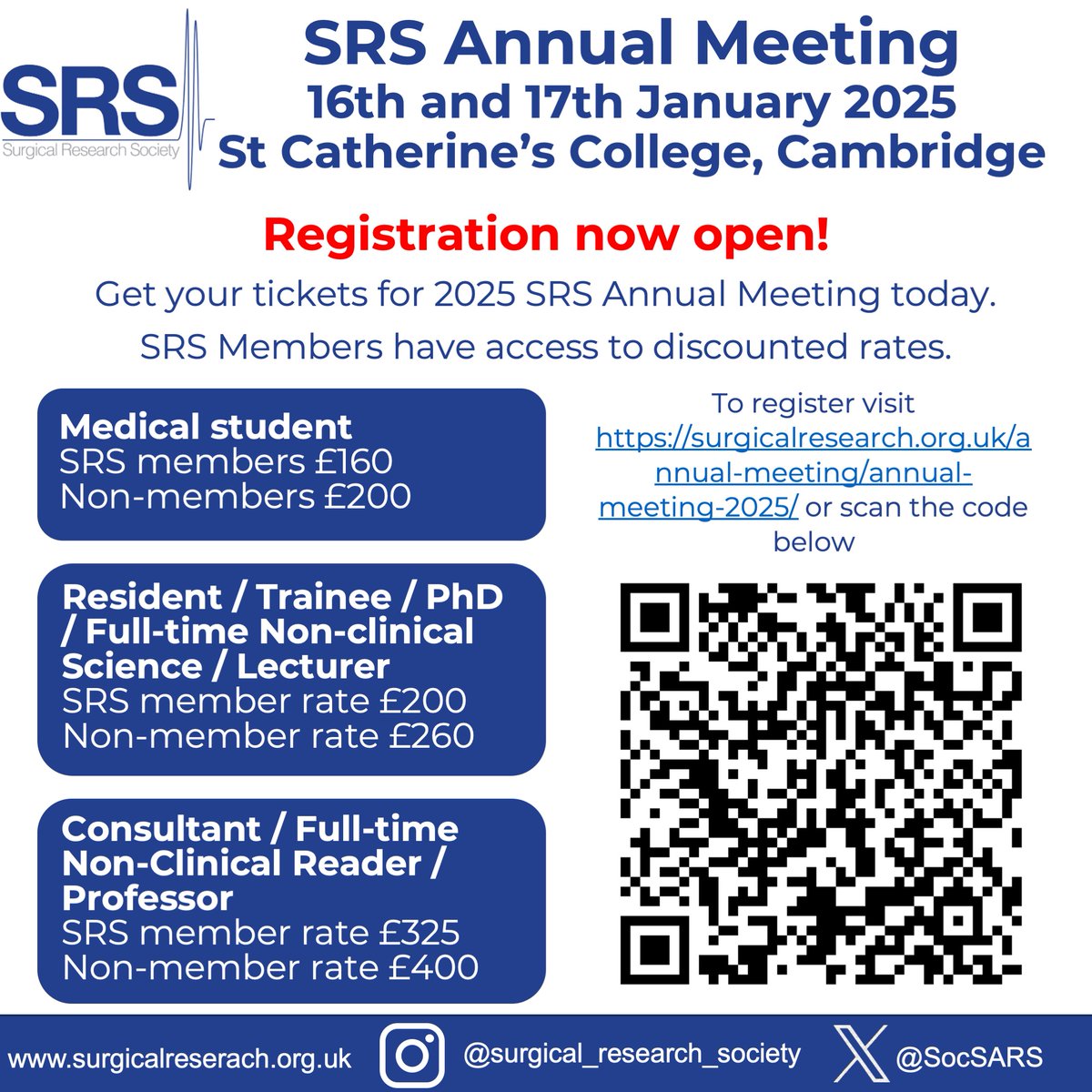 2025 SRS is only 1 month away 📅!

Register now to secure you place and book onto the free training day. For more details see below or scan a QR code. 

surgicalresearch.org.uk/annual-meeting…