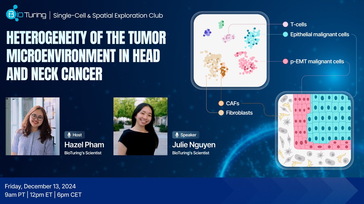In Friday's talk, we'll discuss the heterogeneity of the tumor microenvironment in head and neck cancer with Julie and Hazel. Join us now 🥳 

🗓️Date: Friday, December 13
⏰Time: 9am PT | 12pm ET | 6pm CET
🔗Register: shorturl.at/6ayqz