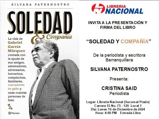 said_cristina's tweet photo. Si estás en Barranquilla este lunes 16 de diciembre no te pierdas esta divertida conversación que tendré con la gran @SMPaternostro quien regresa con “Este espléndido libro que es biografía sin la obligación moral, sin lo aburrido.” - FW  
Lo que todos queríamos saber sobre Gabo. https://t.co/9M0ugETxwi