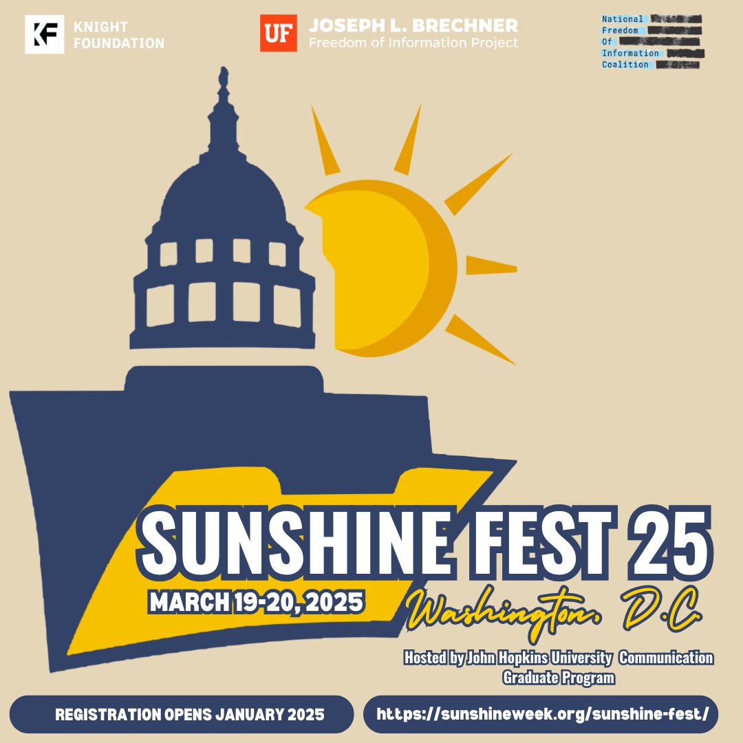 BrechnerFOI's tweet image. 🌞 Celebrate 20 years of National Sunshine Week at Sunshine Fest 2025 in D.C.! 🏛️
📅 March 19-20, 2025
📍 Hosted by @BrechnerFOI & @NFOIC
🎟️ Registration opens Jan. 2025 | $50/$25
Learn more: sunshineweek.org/sunshine-fest
#SunshineFest25 #NationalSunshineWeek #Brechner #UFCJC