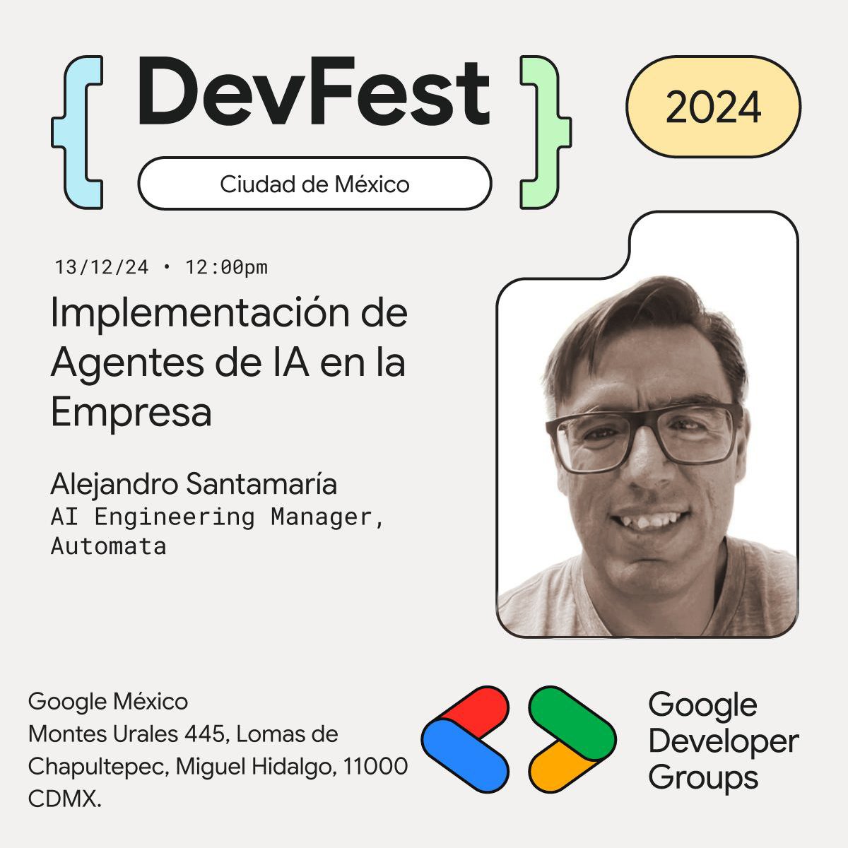 Este viernes estaré hablando en DevFest 2024 en las oficinas de Google México 🎉

🗓 Fecha: Viernes, 13 de diciembre de 2024
🕙 Hora: 8:30: AM – 6:00 PM

Para más información y participar por un ticket en lista de espera, visita este enlace:
gdg.community.dev/events/details…