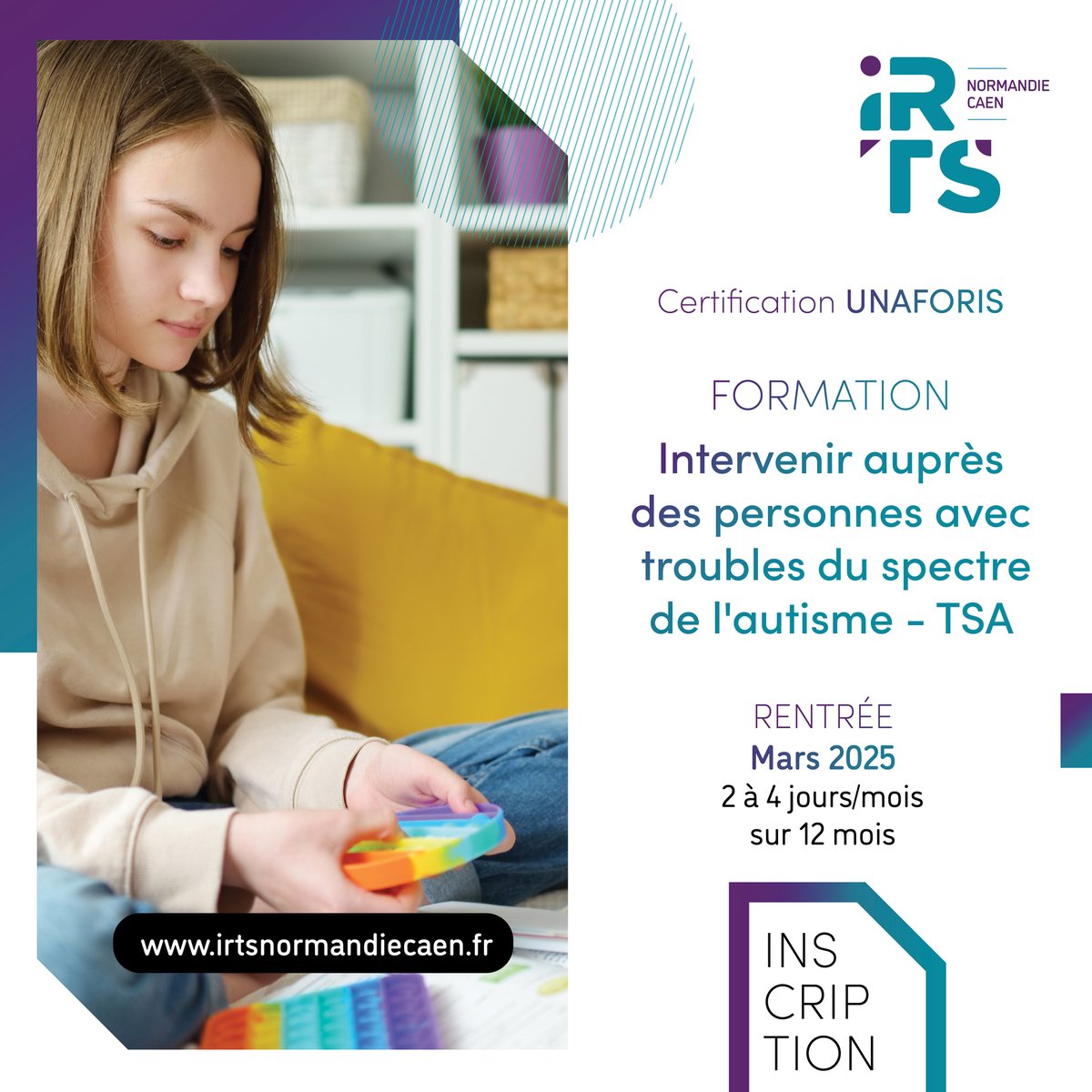 #autisme Nouvelle certification "Intervenir auprès des personnes avec troubles du spectre de l’autisme". Certificateur : UNAFORIS – Éligible au CPF RS6660
DURÉE →168h soit 24 jours
RYTHME : 2 à 4 jours/mois sur 12 mois
📅 Démarrage en mars 2025
irtsnormandiecaen.fr/formations/int…