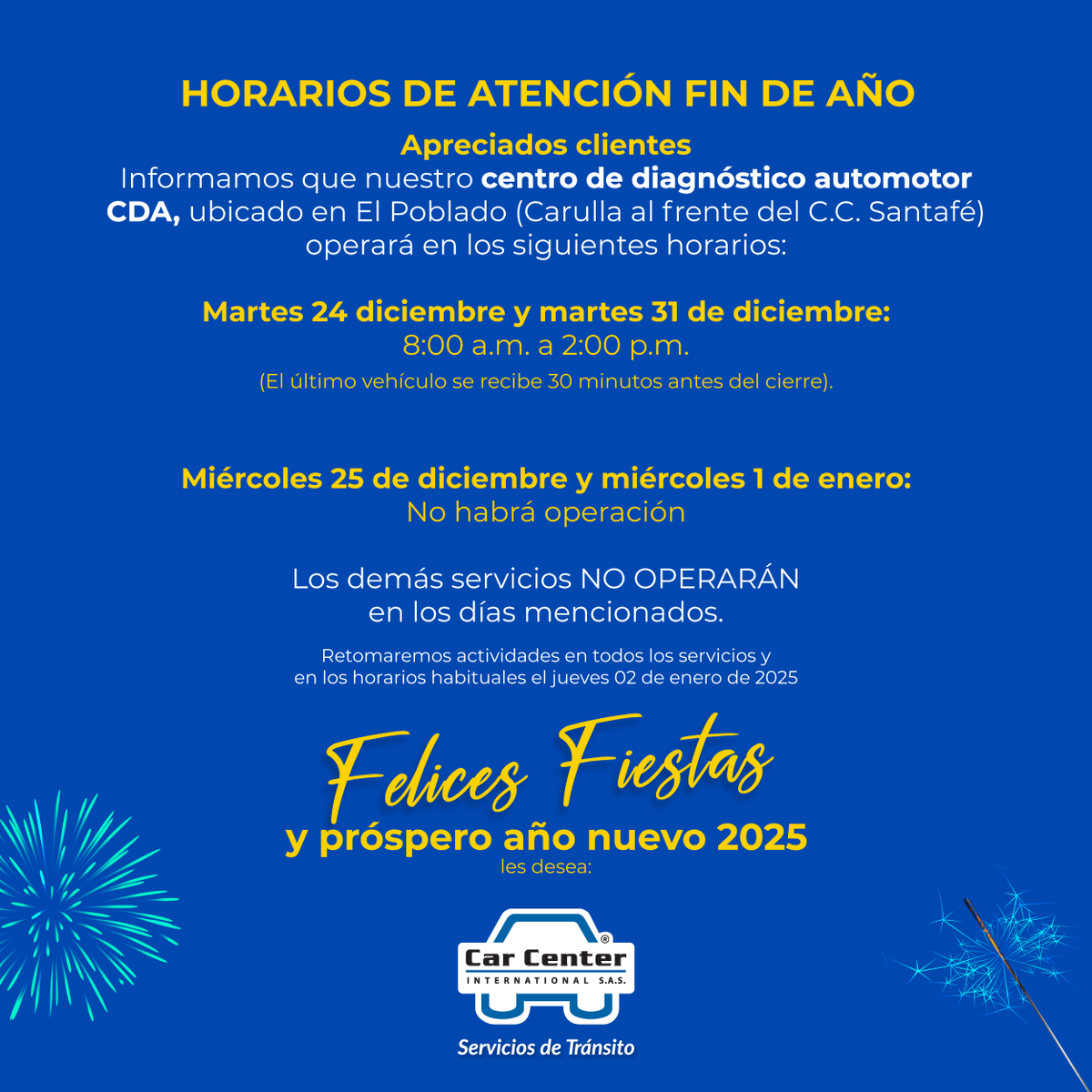 CarCenterMed's tweet photo. 🎄✨ Horarios de atención fin de año ✨🎄

Apreciados clientes,
Les informamos los horarios especiales de nuestro Centro de Diagnóstico Automotor (CDA) ubicado en El Poblado (frente al C.C. Santafé): https://t.co/y4PrgDstkP