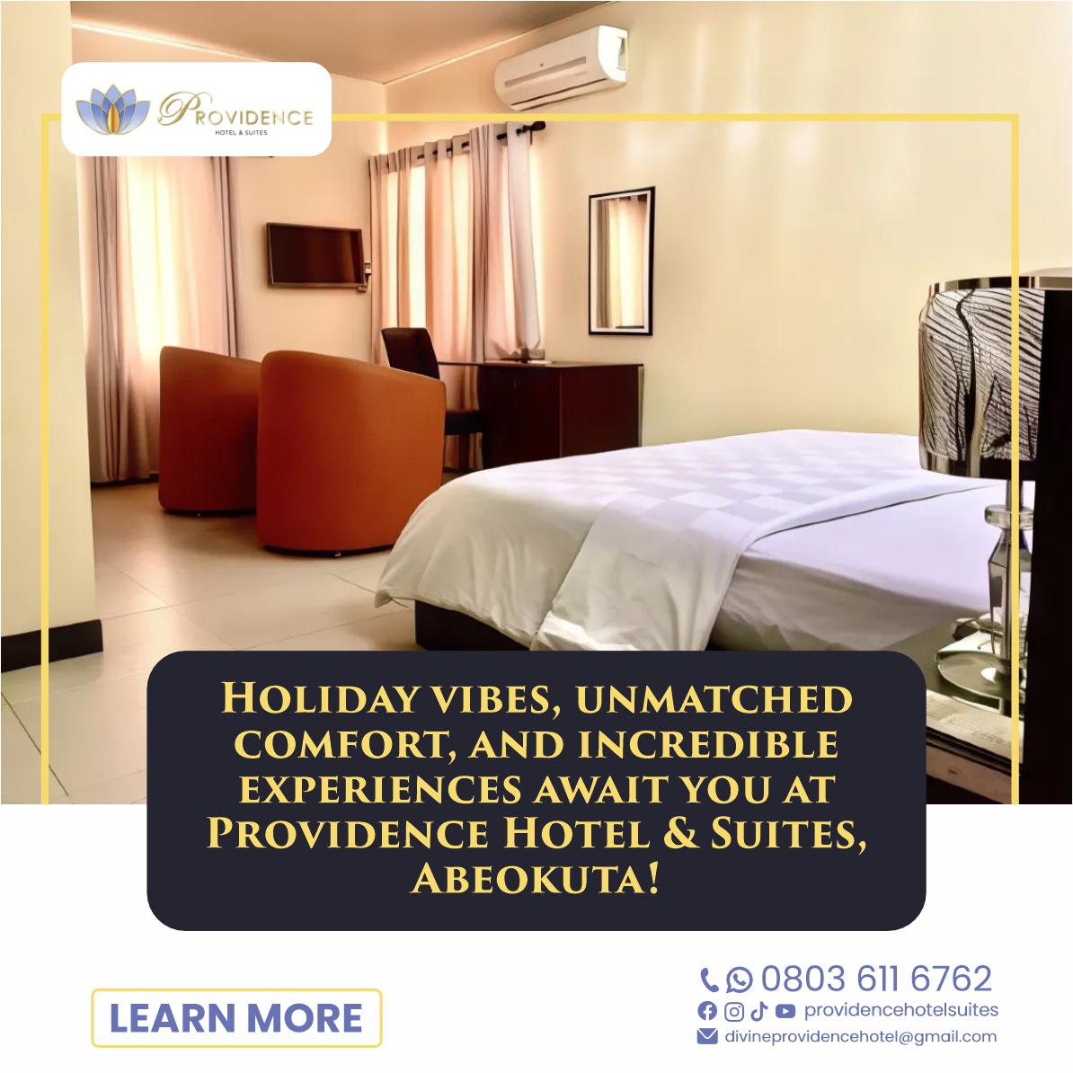 This holiday season, step into a world of comfort, warmth, and incredible experiences at Providence Hotels &amp; Suites, Abeokuta!

Let   us make your holidays feel like home, only better.

#ProvidenceHotels   #AbeokutaLuxuryStay #HolidayVibes #ComfortRedefined #VisitAbeokuta