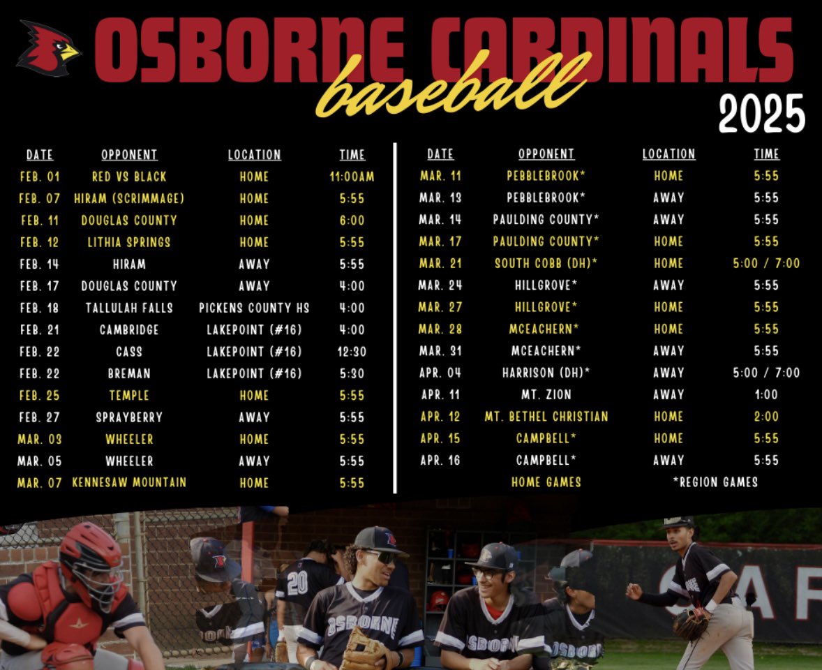 🚨 2025 Osborne Baseball Schedule 🚨 The countdown is on, 2 months from today is 1st Pitch!! Go Cards!! #FAMILY #theCARDINALway <a href="/osbcardinals/">Osborne Athletics</a> <a href="/OsbornePrincip1/">Osborne_Principal</a> <a href="/rlosbornehs/">Osborne High School</a>