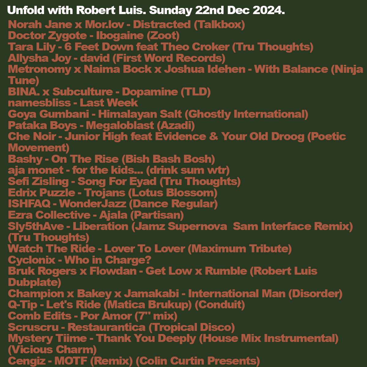 .<a href="/ROBERTLUIS/">ROBERT LUIS - Tru Thoughts</a> Unfold📻
Listen on <a href="/mixcloud/">Mixcloud</a> + <a href="/SoundCloud/">SoundCloud</a>

The Best Of 2024 Part 1: <a href="/TaraLilyMood/">Tara Lily</a>, <a href="/EzraCollective/">Ezra Collective</a>, <a href="/aja_monet/">aja monet</a>, <a href="/AllyshaJoy/">Allysha Joy</a>, <a href="/SZisling/">Sefi Zisling</a>, <a href="/BrukRogers/">BrukRogers</a>, <a href="/Cyclonixmusic/">Cyclonix</a>, <a href="/Bashy/">Ashley Thomas</a>, <a href="/che_noir/">Ché Noir</a>, <a href="/YourOldDroog/">Your Old Droog</a>, <a href="/namesbliss/">namesbliss</a>, a track from the brilliant Norah Jane x Mor.lov LP +++