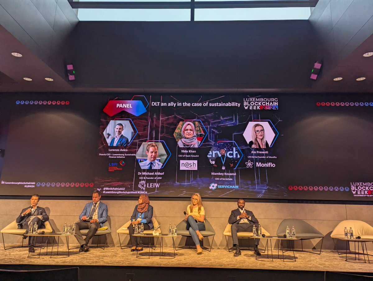 #LBW24 panel "#DLT an ally in the case of sustainability" with Lorenzo Avico, Luxembourg Sustainable Finance Initiative, Dr Michael Althof, LEIW, Nida Khan, <a href="/nashfintechX/">Nash FintechX</a>, Niamkey Kouamé, <a href="/Servi_Chain/">Servichain</a>, Ala Presenti, <a href="/Moniflo/">Monique Miedema</a>

Full agenda 👉 bit.ly/3OJ55vz