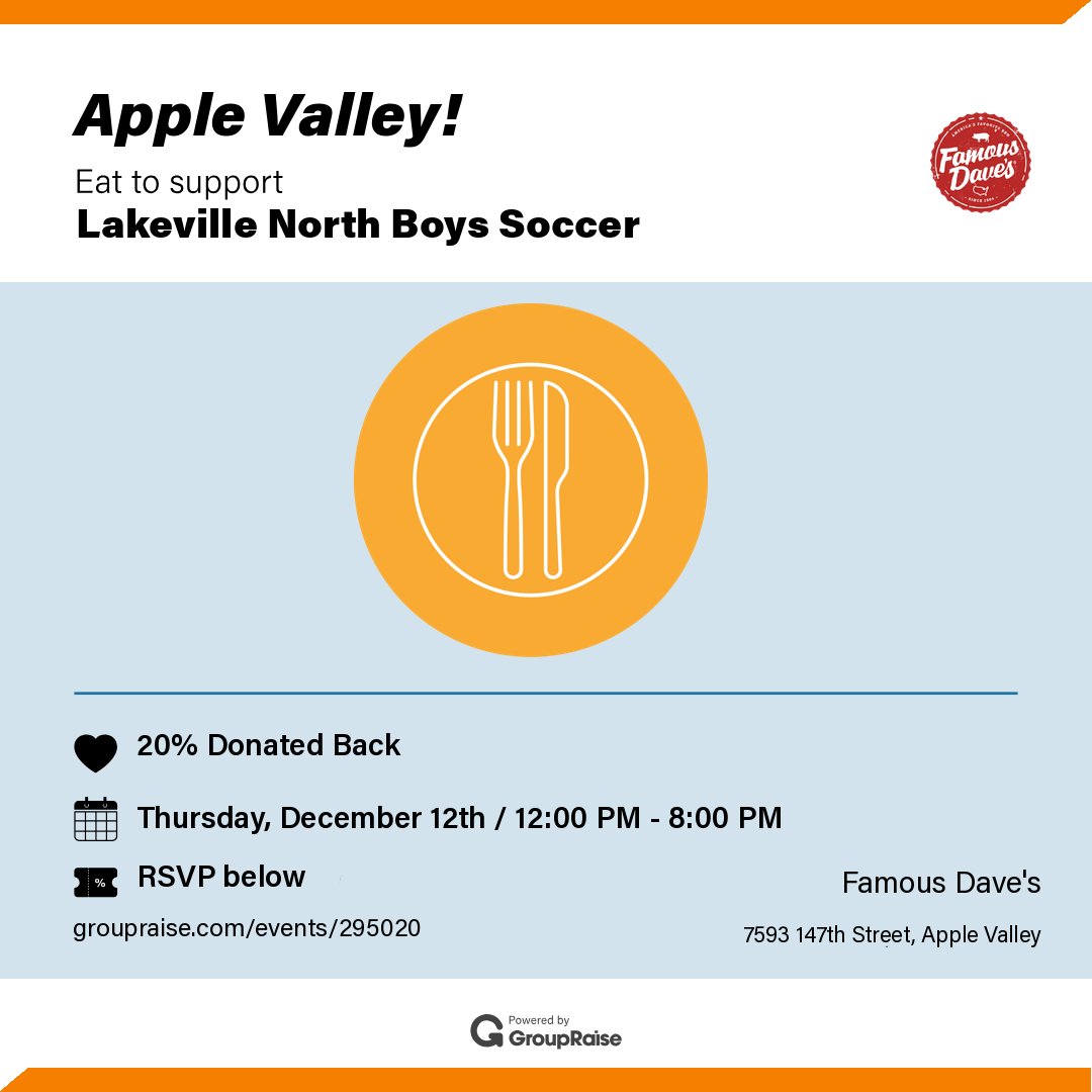 Dinner is served! Please come out and support us at Famous Dave's in Apple Valley TONIGHT.

<a href="/LNHS_Panthers/">Lakeville North High School</a> 
<a href="/Famous_Daves/">Famous Dave's</a>