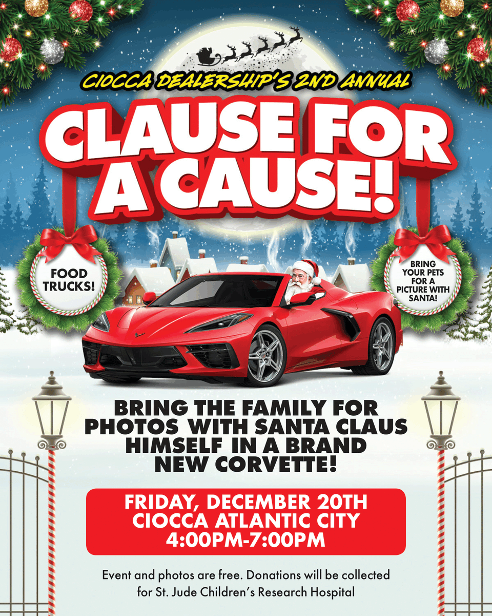 CioccaAC's tweet photo. Join us at Ciocca #AtlanticCity for our 2nd Annual Clause for a Cause! Bring your family, friends, and even your pets for FREE photos with Santa in a brand-new Corvette 🎅🚗✨

Don’t miss out—mark your calendars now!

#cioccaonsocial #corvette #STJude #CioccaCorvette https://t.co/K5Sdp5JzwO