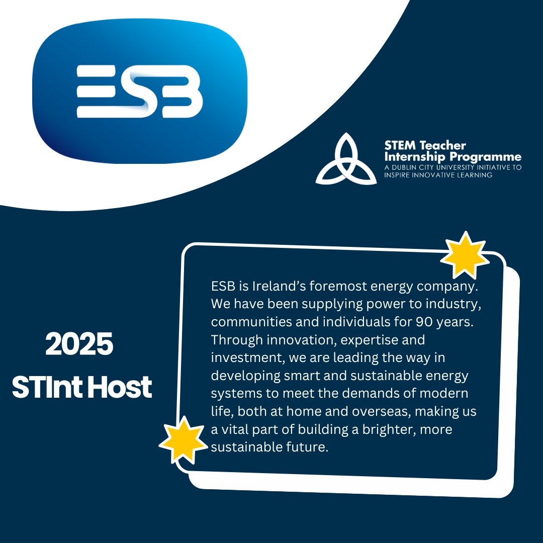 STEM Teacher Internship Programme (@stemteachintern) on Twitter photo Our 2025 Meet the Hosts Series continues w/ <a href="/ESBGroup/">ESB Group</a> based in #Dublin. Check out the host, intern role & 2025 STInt programme here: stemteacherinternships.ie/company_profil……. #STEM <a href="/DCU_IoE/">DCU Institute of Education</a> <a href="/edtechne/">School of Education, University of Galway</a> <a href="/SchoolOfEd_UL/">School of Education</a> <a href="/SchoolofEdUCD/">UCD School of Education</a> <a href="/SchoolofEdTCD/">School of Education</a> <a href="/MU_Education/">Education Department Maynooth University</a> <a href="/UCCSchoolofEd/">UCC School of Education</a> #eduction #internship Our 2025 Meet the Hosts Series continues w/ <a href="/ESBGroup/">ESB Group</a> based in #Dublin. Check out the host, intern role & 2025 STInt programme here: stemteacherinternships.ie/company_profil……. #STEM <a href="/DCU_IoE/">DCU Institute of Education</a> <a href="/edtechne/">School of Education, University of Galway</a> <a href="/SchoolOfEd_UL/">School of Education</a> <a href="/SchoolofEdUCD/">UCD School of Education</a> <a href="/SchoolofEdTCD/">School of Education</a> <a href="/MU_Education/">Education Department Maynooth University</a> <a href="/UCCSchoolofEd/">UCC School of Education</a> #eduction #internship