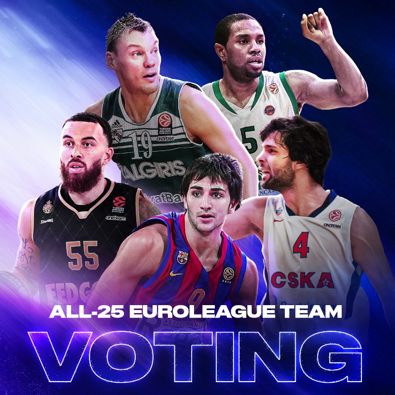 EuroLeague's tweet photo. Παπαλουκάς, Πρίντεζης, Βεζένκοφ, Σλούκας… Ποιοι θα είναι στην All-25 EuroLeague Team σου; Ψήφισε σήμερα!