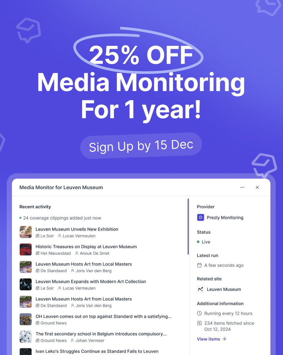 This introductory offer is still on for a few more days! 
Sign up for a media monitoring sub by 15 Dec and get 25% OFF your first year :)

And of course, you can try before you buy with a 14-day free trial.

All the info at -> prezly.com/feature/media-…