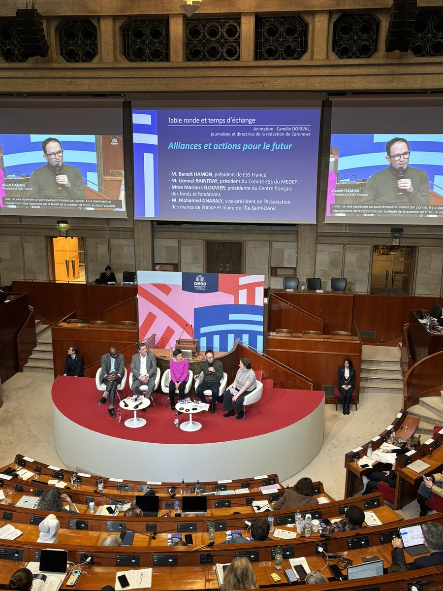 3e séquence : Table ronde « Alliances et actions pour le futur » animée par <a href="/camille_dorival/">Camille Dorival</a> 
Avec : 
- <a href="/benoithamon/">Benoît Hamon</a>, Pdt <a href="/ESS_France/">ESS France</a> 
- <a href="/lrainfray/">Lionnel Rainfray</a>, Pdt du comité ESS du <a href="/medef/">Mouvement des Entreprises de France</a> 
- <a href="/lelouvier_m/">Lelouvier Marion</a>, Pdte <a href="/CFFondations/">CFF</a> 
- Mohamed Gnabaly, VP de <a href="/l_amf/">AMF | Association des maires de France</a> et Maire de l’Ile-Saint-Denis