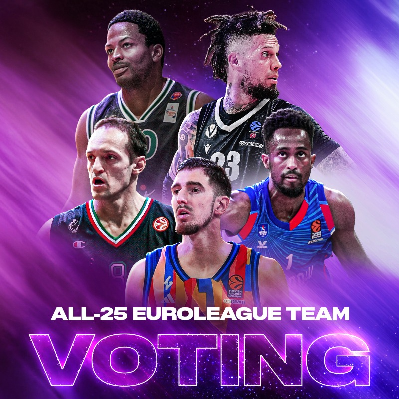 EuroLeague's tweet photo. Παπαλουκάς, Πρίντεζης, Βεζένκοφ, Σλούκας… Ποιοι θα είναι στην All-25 EuroLeague Team σου; Ψήφισε σήμερα!