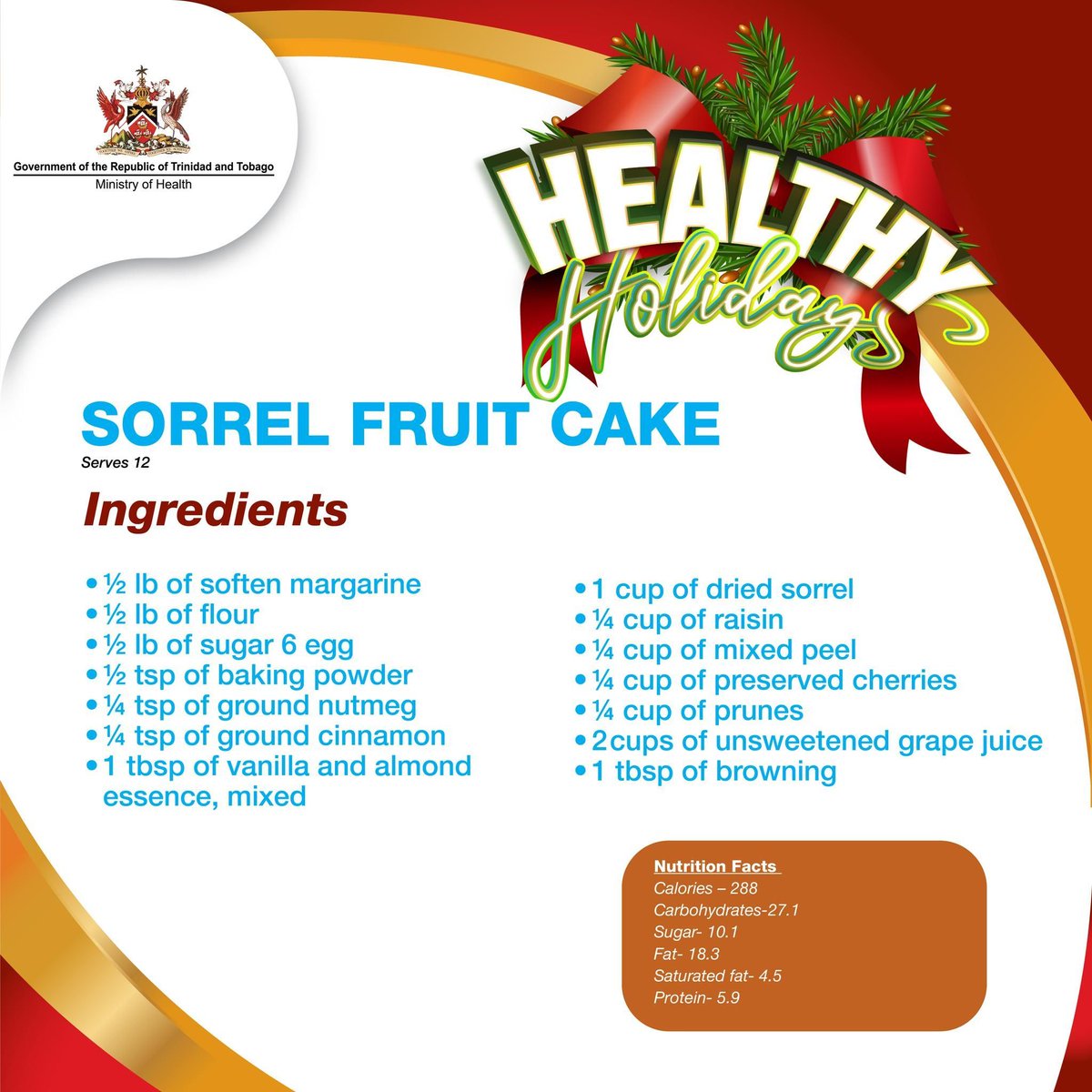 MOH_TT's tweet photo. Here’s a #HealthyHolidays treat that you or loved ones can enjoy together.

Check out this recipe for a sorrel fruit cake that you can easily make at home! https://t.co/sIzlBBfNvq