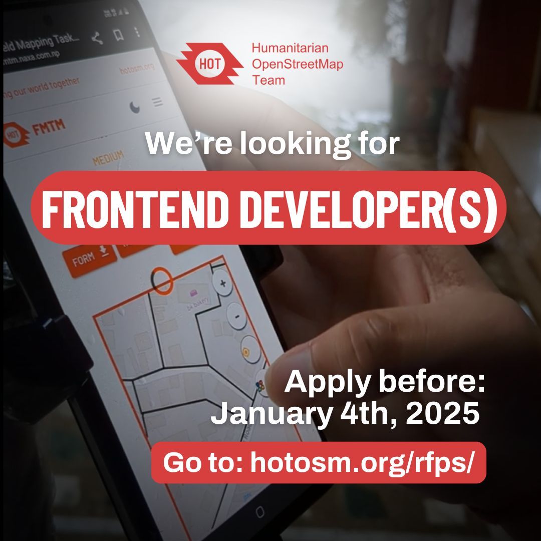Frontend developers, we are looking for you! Join us to work on the Field Mapping Tasking Manager, an open-source project that streamlines field mapping. 

Apply by January 4th, 2025.

Find all the requirements, scope of work a,nd submission details here: buff.ly/3ZzgoLE