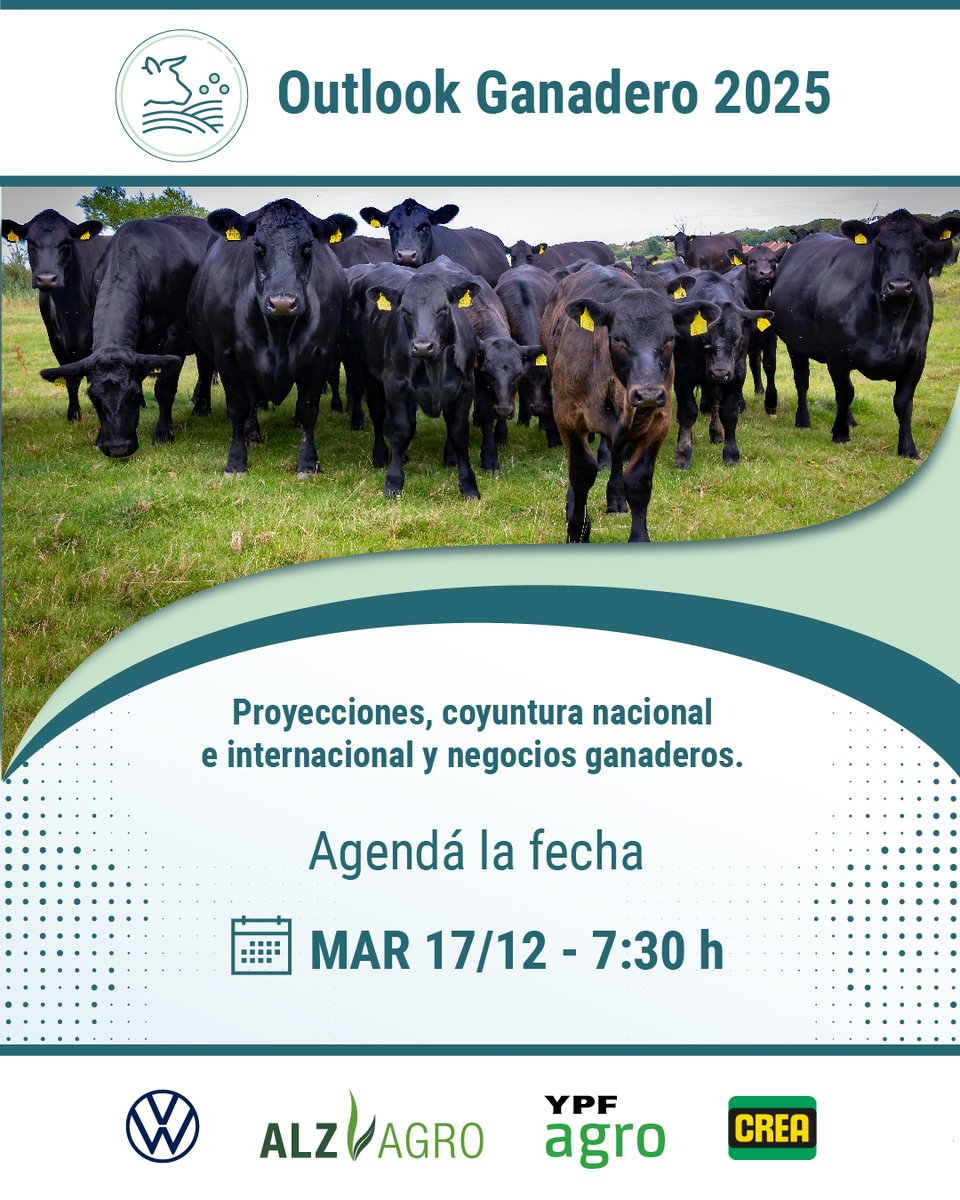 La fecha que tu negocio ganadero estaba necesitando 📣

🐂 Llega el Outlook Ganadero 2025 🐂
 
📈 Proyecciones y contexto del negocio
📌 Escenario político actual
🌐 Contexto macroeconómico / contexto forrajero
🌎 Mercado interno y externo

¿Cuándo?

📅 MAR 17/12 
🕢 7 30 h