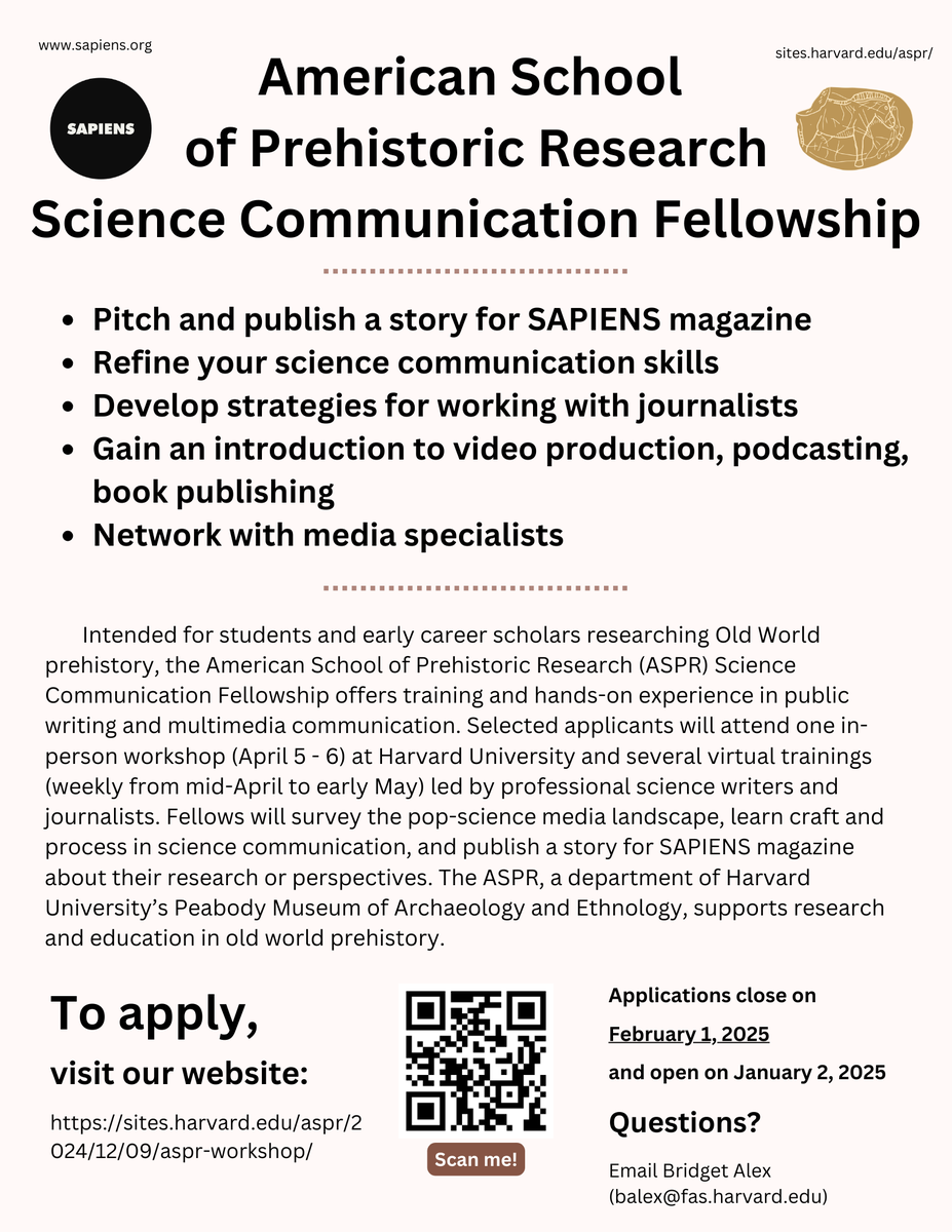 women_archeopal's tweet photo. 🚨 Calling all students &amp; early-career scholars in Old World prehistory!
Apply for the ASPR Science Communication Fellowship to gain skills in public writing &amp; multimedia.
✅ Workshops at Harvard + virtual training
✅ Publish a story in SAPIENS
Details: https://t.co/xOX8gbJLAI 💡 https://t.co/7VJfnHD3Ps