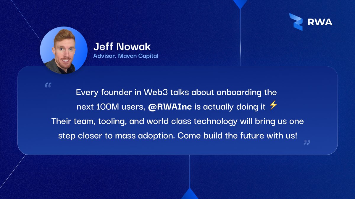 RWA_Inc_'s tweet image. Inspiring words from Jeff Nowak at @mavencapitalio. The amount of trust and support from our community never ceases to amaze us. It serves as a reminder that we are on the right track to building something truly exceptional. Our community&apos;s passion for RWA Inc lifts us up and…