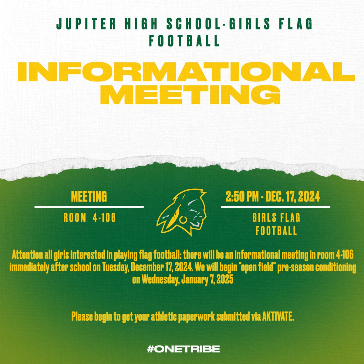 JupiterWarriors's tweet photo. 2025 JHS Flag Football is right around the corner!  Informational meeting next week with conditioning set to start in early January.  Please get your athletic paperwork submitted as you cannot participate until you are approved.  #onetribe #warriorpride https://t.co/LMpiJpKeve