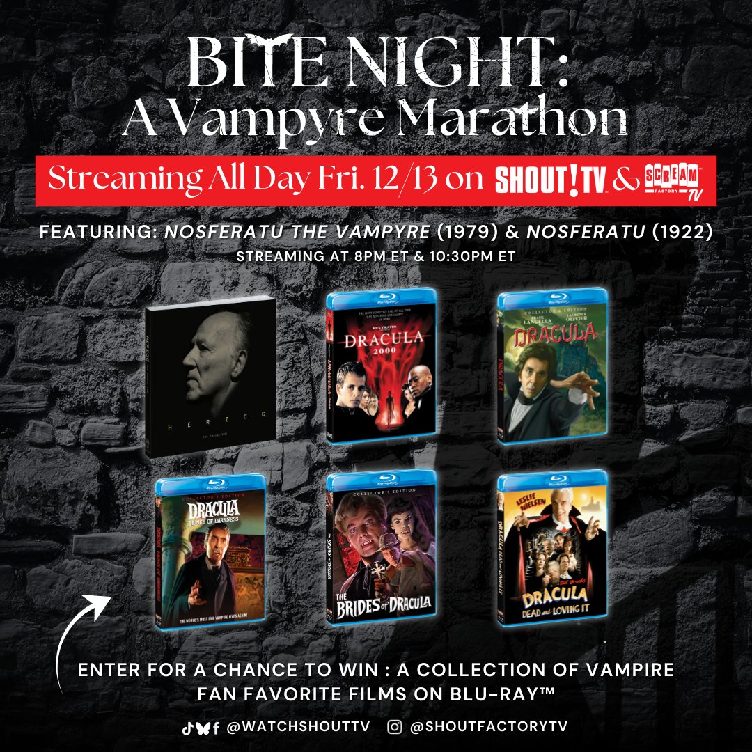 BDisgusting's tweet photo. GIVEAWAY - Tune in for Bite Night: A Vampyre Marathon, a celebration of classic vampire films streaming all-day Friday 12/13 on @watchshouttv & Scream Factory TV!

To enter to win 1 BLU-RAY BUNDLE with Dracula: Prince of Darkness & Herzog: The Collection, RT this tweet. US only.