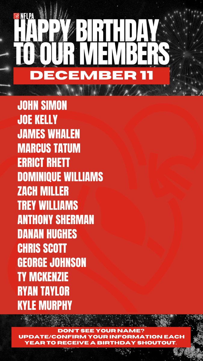NFLPA Former Players (@nflpafmrplayers) on Twitter photo Happy birthday to our members <a href="/Johnsimon31/">John Ray Simon Jr. M.Ed</a> <a href="/fellakelly/">Joe Kelly</a> @JamesWhalenJr <a href="/AsapTatum/">Marcus Tatum</a> @ErrictRhett <a href="/Domwill80/">Dom Williams</a> <a href="/ZachMiller86/">Zach Miller, CFPĀ®ļø</a> <a href="/twll3/">proof</a> <a href="/Shermanator_42/">Anthony Sherman</a> <a href="/dahughesguy83/">Danan Hughes</a> <a href="/Boys2Men9/">Boys2Men Inc.</a> <a href="/_GeoJohns/">George Johnson Jr</a> - Have a fantastic birthday! Happy birthday to our members <a href="/Johnsimon31/">John Ray Simon Jr. M.Ed</a> <a href="/fellakelly/">Joe Kelly</a> @JamesWhalenJr <a href="/AsapTatum/">Marcus Tatum</a> @ErrictRhett <a href="/Domwill80/">Dom Williams</a> <a href="/ZachMiller86/">Zach Miller, CFPĀ®ļø</a> <a href="/twll3/">proof</a> <a href="/Shermanator_42/">Anthony Sherman</a> <a href="/dahughesguy83/">Danan Hughes</a> <a href="/Boys2Men9/">Boys2Men Inc.</a> <a href="/_GeoJohns/">George Johnson Jr</a> - Have a fantastic birthday!