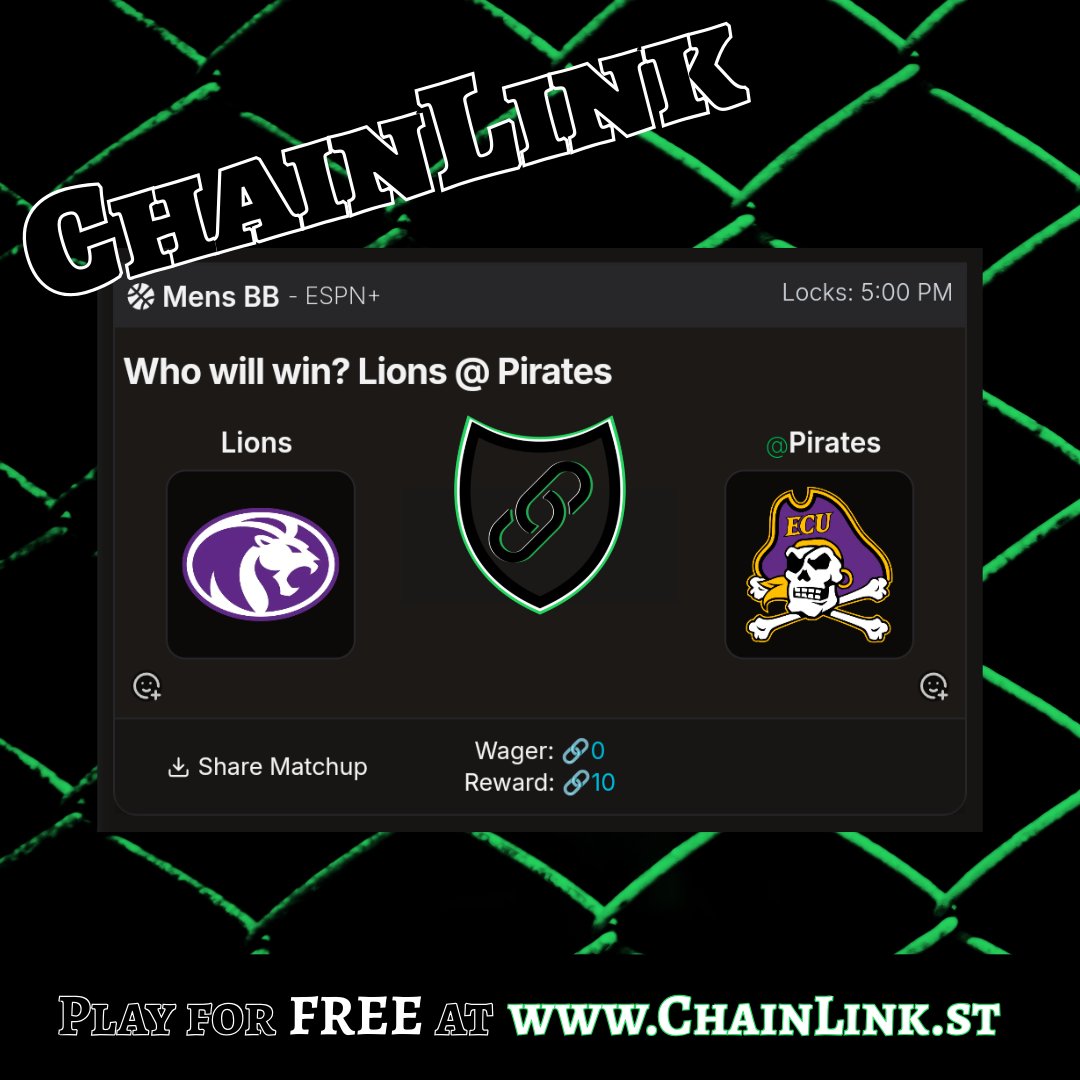 North Alabama Lions and East Carolina Pirates play today in non conference action on ChainLink! Who are you taking to win?
