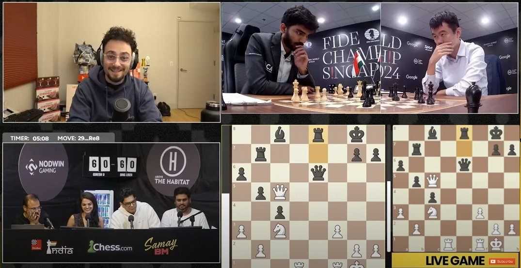 GothamChess's tweet photo. Joined the @ChessbaseIndia livestream of the World Chess Championship this morning. We had 150,000+ live viewers at some point. 

They really know how to make an amazing atmosphere for chess events, especially with a live audience. 

Had a great time. Thanks for the invitation! https://t.co/68vOUiLSsw