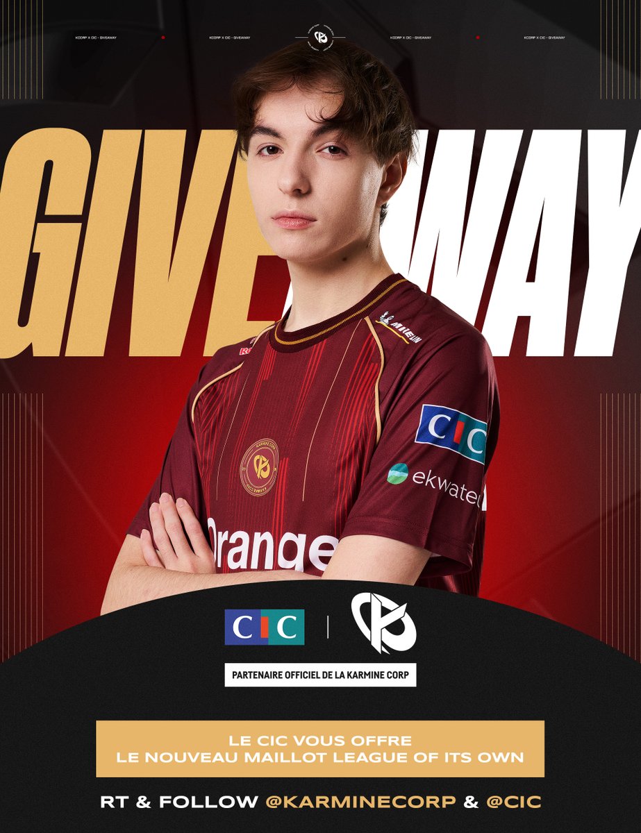 Un giveaway du nouveau maillot League Of its Own, ça vous dit ? Eh bah le <a href="/cic/">CIC</a> vous le fait gagner 🔴

Pour participer, rien de plus simple : RT + Follow <a href="/KarmineCorp/">Karmine Corp</a> &amp; <a href="/cic/">CIC</a> 

TAS le 18/12, GL à tous ! 🍀