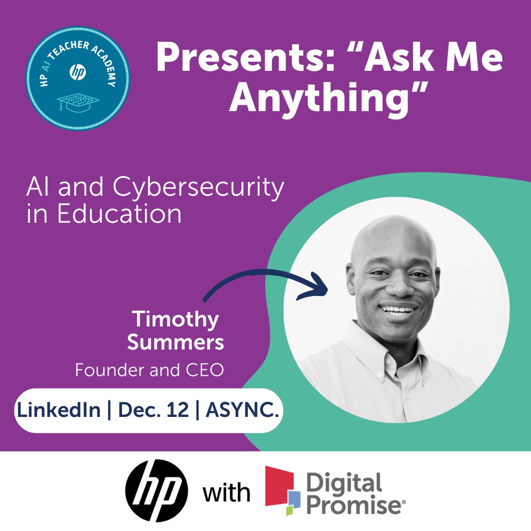 HowHackersThink's tweet image. #TeacherTwitter: What’s an AMA? It’s your chance to ask industry leaders anything about #AIinEducation! On Dec. 12, join our asynchronous community conversation.
💻 Join our #LinkedIn Community: bit.ly/3Tcen5P
❓ Comment w/ questions
➕ Connect w/ educators
@HP