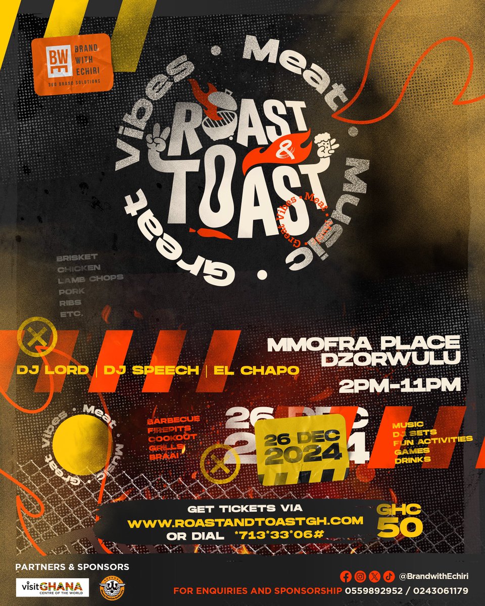 BrandwithEchiri's tweet photo. Don’t miss Ghana’s Hottest Meat Rave! 🎉🔥 

It’s all about grills, chills, and unforgettable vibes.  

Get your tickets now: https://t.co/gLLtJFI5Z4 or dial *713 *33 *06#

#RoastAndToast #MeatLovers #BBQVibes #GrillAndChill 
#SizzlingDecember! #MeatAndMusic #BBQAndBeats #foodies https://t.co/4rBcXKAHep
