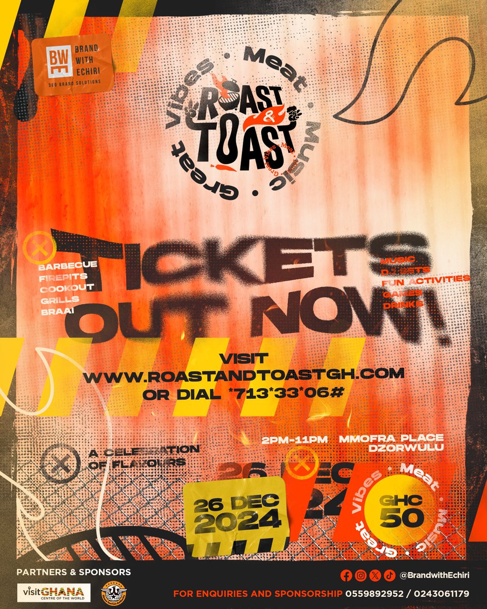 BrandwithEchiri's tweet photo. Don’t miss Ghana’s Hottest Meat Rave! 🎉🔥 

It’s all about grills, chills, and unforgettable vibes.  

Get your tickets now: https://t.co/gLLtJFI5Z4 or dial *713 *33 *06#

#RoastAndToast #MeatLovers #BBQVibes #GrillAndChill 
#SizzlingDecember! #MeatAndMusic #BBQAndBeats #foodies https://t.co/4rBcXKAHep