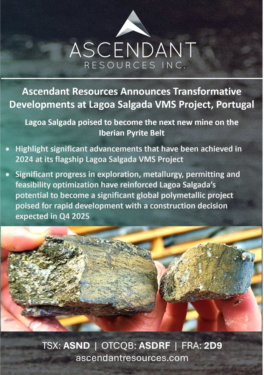AscendantRes's tweet photo. Ascendant Resources Announces Transformative Developments at Lagoa Salgada VMS Project, Portugal.  Please see the full news release at: https://t.co/eywMztZAEU $ASND $ASDRF https://t.co/2c4byghrBs