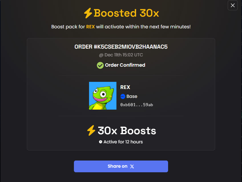 REXbase_'s tweet photo. First $REX boost purchased! 🦎

more boosts on the way! https://t.co/BYkFxdg1r8