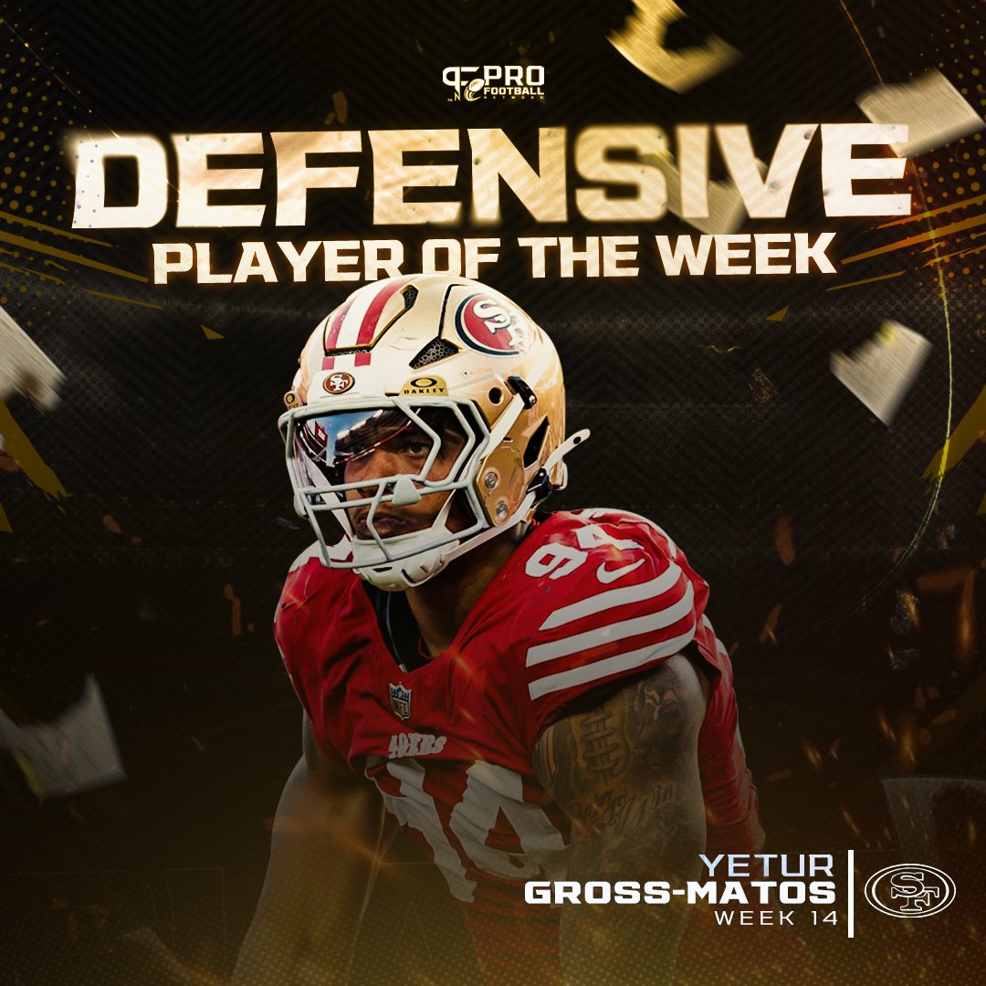 PFN365's tweet photo. PFN's Defensive Player of the Week is 49ers DE Yetur Gross-Matos 🏆

Gross-Matos' three sacks (on just 18 pass-rush snaps) in Week 14 led the NFL. 

He finished the game with four pressures and added three TFLs in a blowout win over the Bears. https://t.co/ZedtbMvRjp