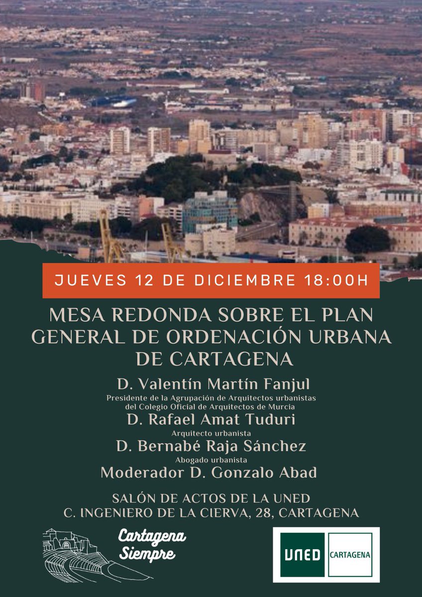 GA63ES's tweet photo. Desde Cartagena Siempre hemos organizado esta mesa redonda que creemos que puede interesar a muchos cartageneros, un Plan General de Ordenación Urbana cuya tramitación está pasando prácticamente desapercibida. Os esperamos mañana a las 6 de la tarde en la UNED. https://t.co/iOT6BiHDXE