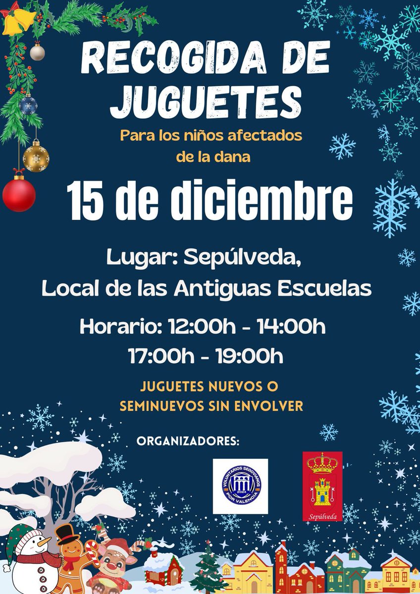 Recogida de juguetes para los niños afectados por la dana.

La recogida se realizará el domingo 15 de diciembre en el local de las antiguas escuelas.
Horario: de 12:00 a 14:00 y de 17:00 a 19:00 horas.

Juguetes nuevos o seminuevos sin envolver.