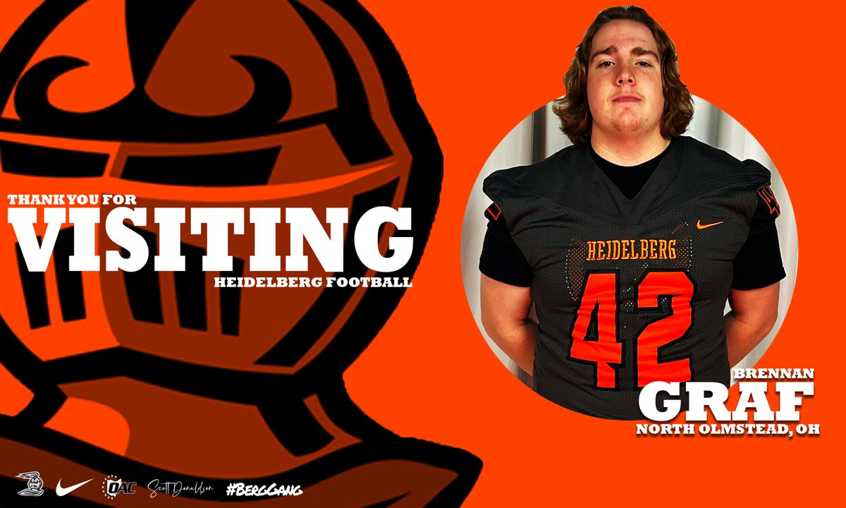 Brennan Graf (@brennangraf25) on Twitter photo After an amazing visit with <a href="/BergFootball/">Heidelberg Football</a> and an amazing conversation with <a href="/Coach_Donaldson/">Scott Donaldson</a>, I am bless to have received my second offer to play at the next level!! Thankyou to <a href="/CoachJakubcin/">Branden Jakubcin</a> for inviting me out!! After an amazing visit with <a href="/BergFootball/">Heidelberg Football</a> and an amazing conversation with <a href="/Coach_Donaldson/">Scott Donaldson</a>, I am bless to have received my second offer to play at the next level!! Thankyou to <a href="/CoachJakubcin/">Branden Jakubcin</a> for inviting me out!!