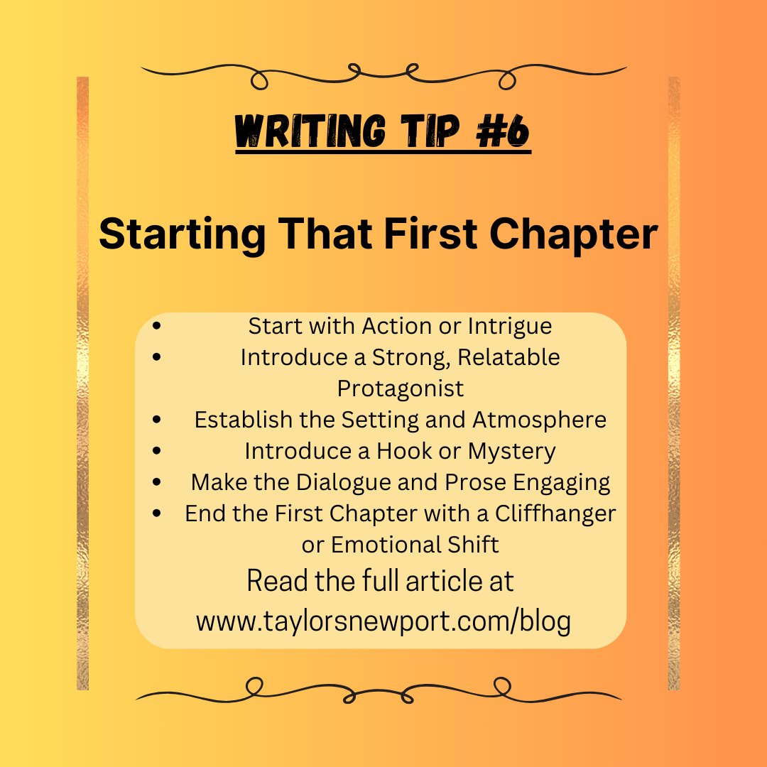 TaylorSNewport's tweet photo. Ever struggled to write a gripping first chapter? Here are some steps to ensure that readers dive into your book. https://t.co/IpGKxn9jBZ #writingtips #authortips #writing  #authortipsandtricks #writingideas #authorhelp #writinghelp https://t.co/mDPjjvs66b