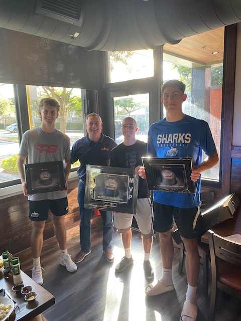 Small College Basketball Founder John McCarthy with 2024 SCB Hall of Fame Classic Team members from Nova Southeastern: Ross Reeves, Dallas Graziani and MJ Iraldi.  <a href="/NSU_MBasketball/">NSU Men’s Basketball</a> <a href="/NSUSharks/">NSU Athletics</a> <a href="/NCAADII/">NCAA Division II</a>