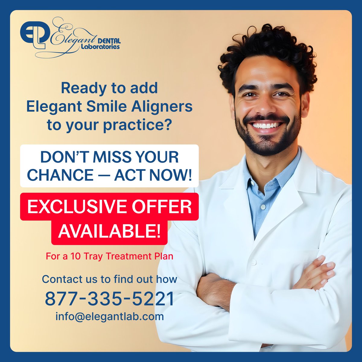ElegantDentaLab's tweet photo. Ready to add #ElegantSmileAligners to Your Practice? Exclusive Offer Now Available!
Call us today at 877-335-5221 or 📩 email us at info@elegantlab.com to get started.
#Aligners #ClearAligners #DentalClinics #DentalDoctors #ElegantLab #ElegantDentalLab #HollywoodSmile https://t.co/rEsetf1n6h