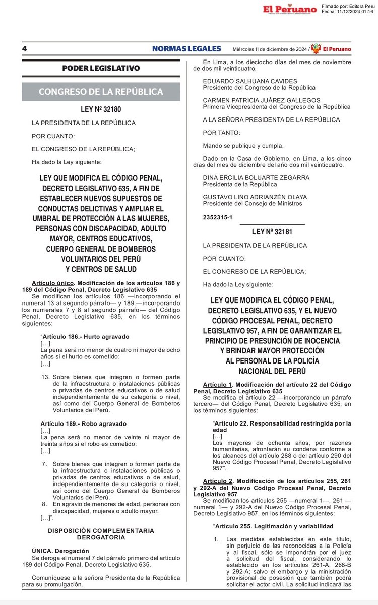 jfowks's tweet photo. 🚨📢🇵🇪⚖️El Congreso y Boluarte han eliminado la posibilidad de que los fiscales pidan detención preliminar en ningún caso, no solo de policías. A la izq. el literal a) derogado; a la derecha la nueva norma, ley 32181, promulgada hoy https://t.co/BGEwqssGqn